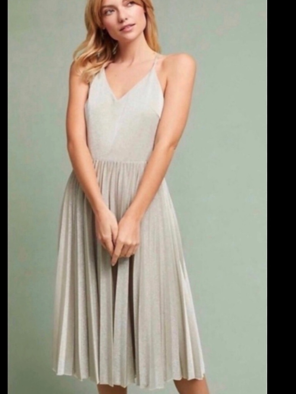 Elevenses Silver Shimmer Pleated Spaghetti-Strap Midi Dress size 10